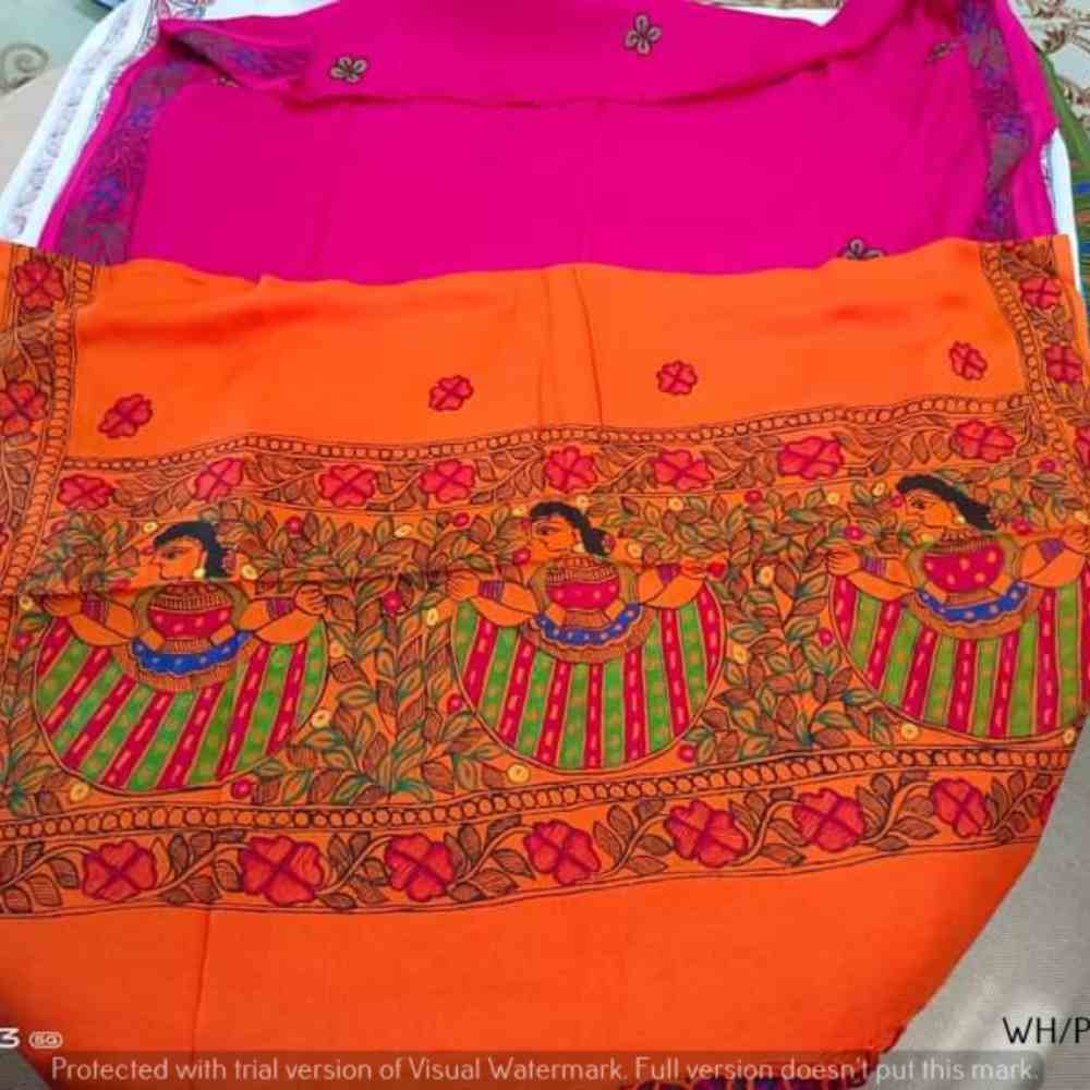 Tussar Saree with Madhubani Bride, Doli, and Kaahar Painting